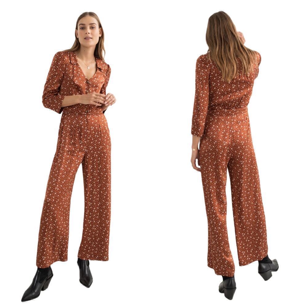 & Other Stories Satin Printed Straight Leg Collar Jumpsuit in Diamond Dot US 6